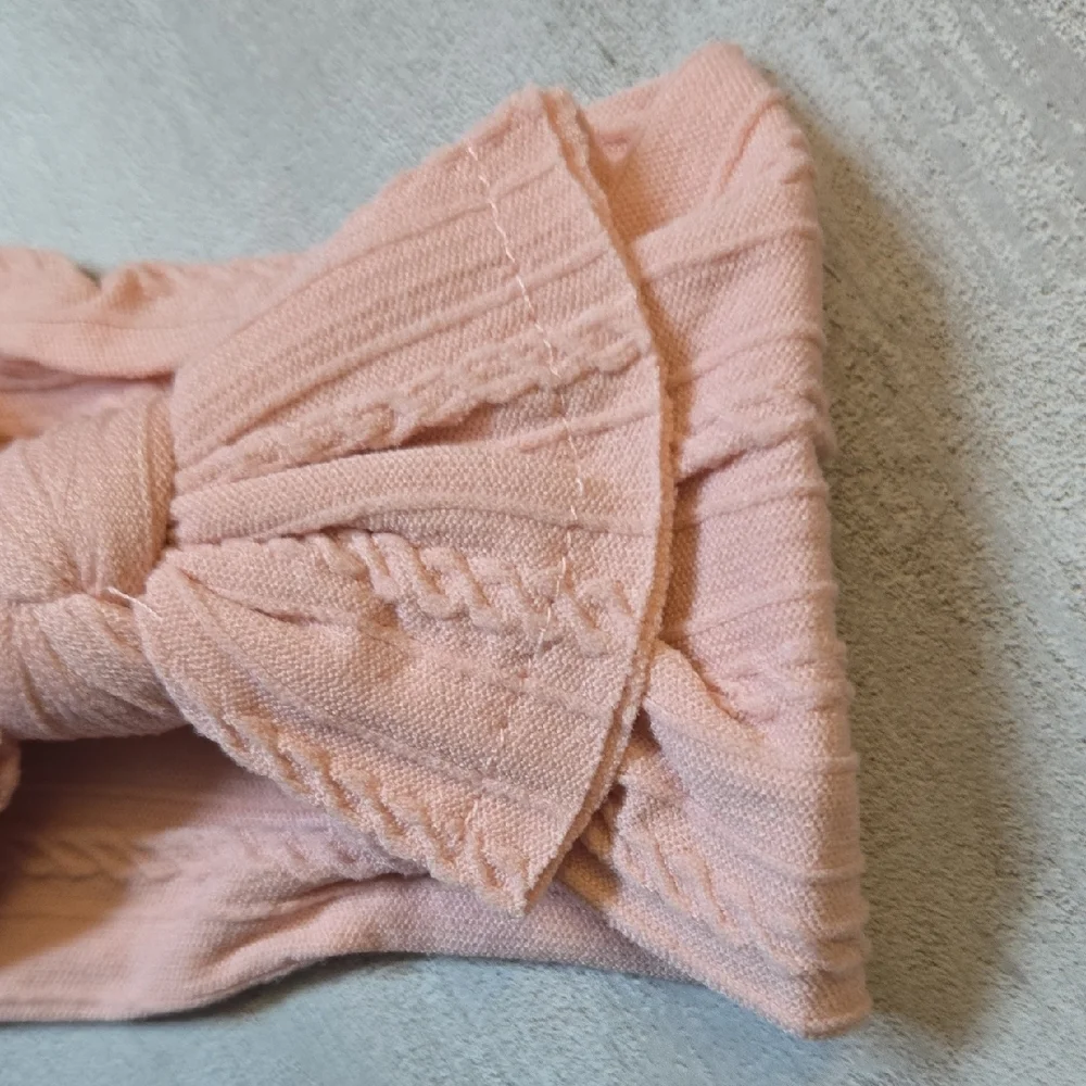 Cable Knit Baby Girl Light Pink Headband Oversized Bow Stretchy Nylon Hairband